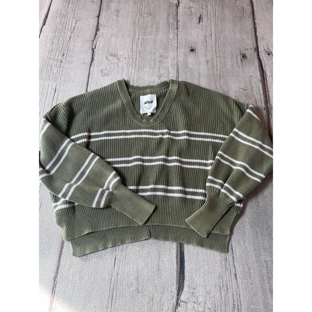 Aerie Womens‎ Olive Green Striped Ribbed V-Neck Cotton Oversized Sweater Small